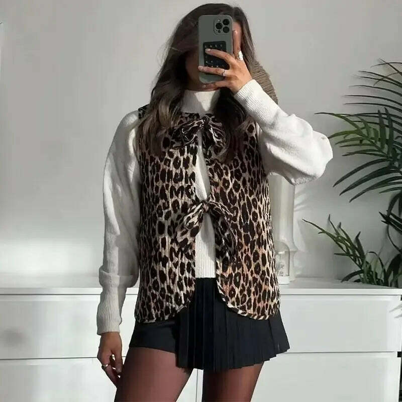 Y2K Summer Leopard V-Neck Bow Vest - Retro 90S Grunge, Pastel Goth, Y2K Club & Party Outfits