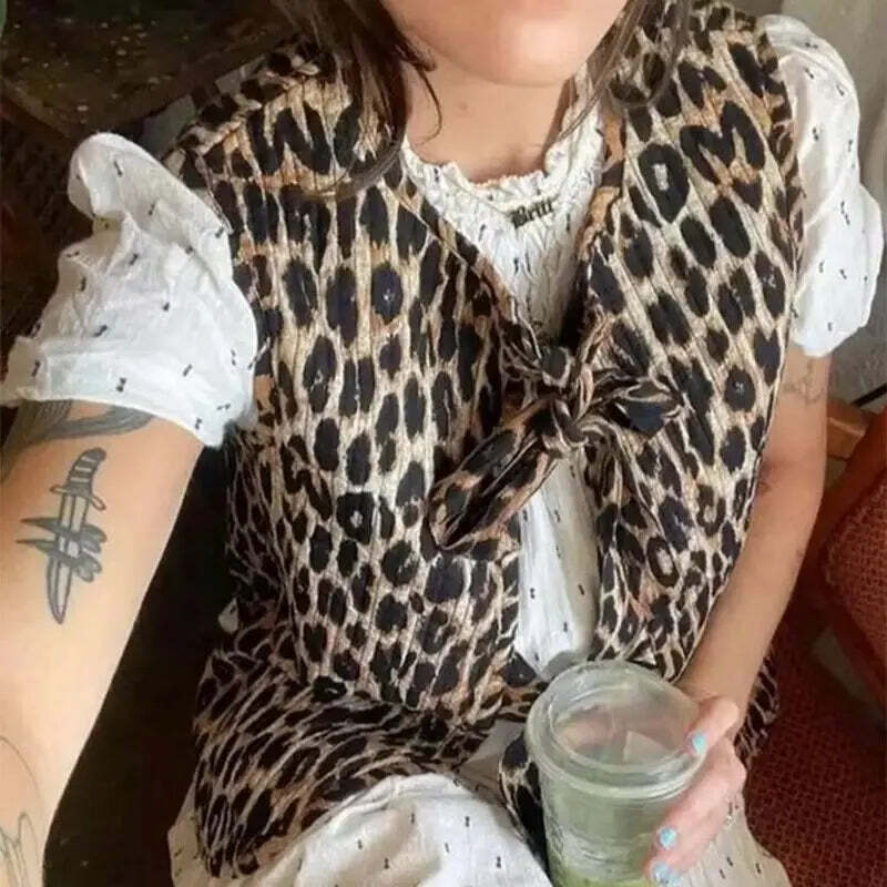 Y2K Summer Leopard V-Neck Bow Vest - Retro 90S Grunge, Pastel Goth, Y2K Club & Party Outfits