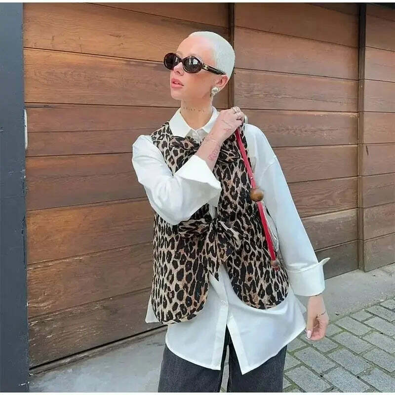 Y2K Summer Leopard V-Neck Bow Vest - Retro 90S Grunge, Pastel Goth, Y2K Club & Party Outfits