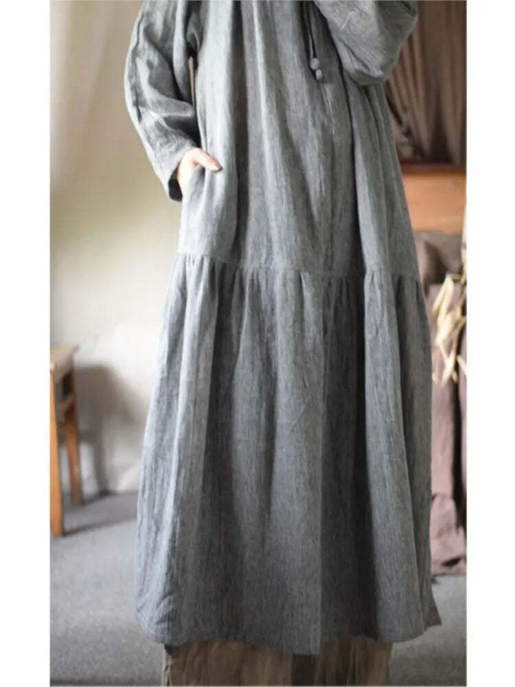 Y2K Summer Retro Loose Flax Dress - 90S Grunge O-Neck Drawstring Sleeve Casual Outfit