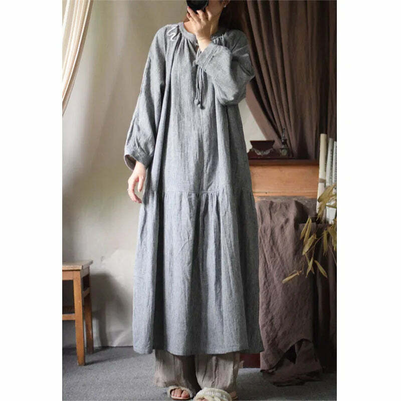 Y2K Summer Retro Loose Flax Dress - 90S Grunge O-Neck Drawstring Sleeve Casual Outfit