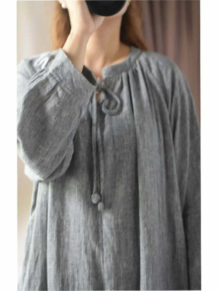 Y2K Summer Retro Loose Flax Dress - 90S Grunge O-Neck Drawstring Sleeve Casual Outfit