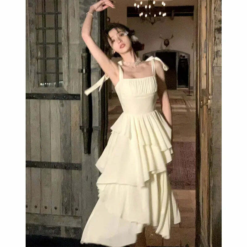 Y2K Summer Retro White Dress - Vintage 90S Grunge A-Line Tiered Sundress For Women
