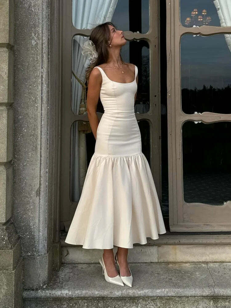 Y2K Summer Ruffle Dress - Slim Solid Square Collar Sleeveless Vestidos, 90S Grunge Party Fashion