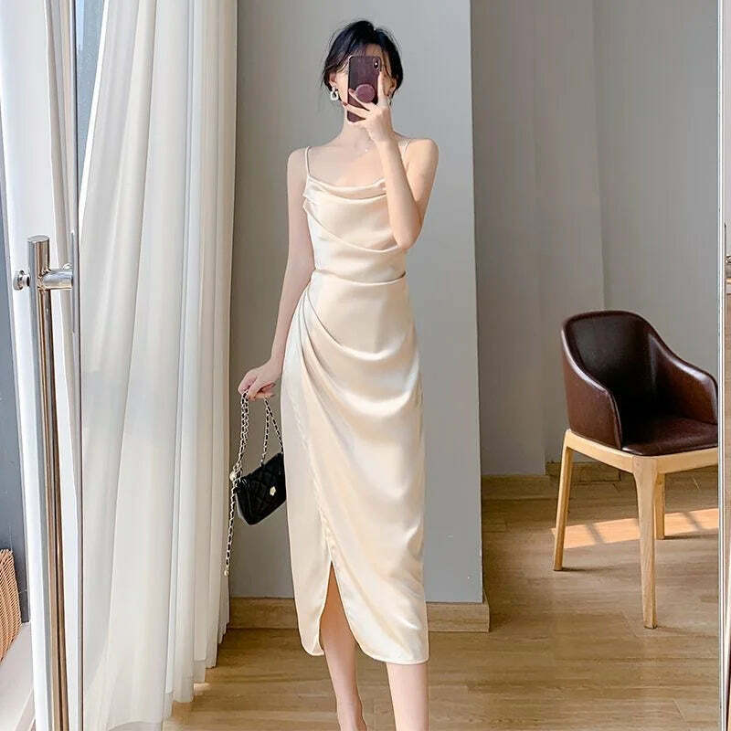 Y2K Summer Satin Halter Dress & Waist Slit Wrap Skirt Two-Piece Set - 90S Grunge Fashion