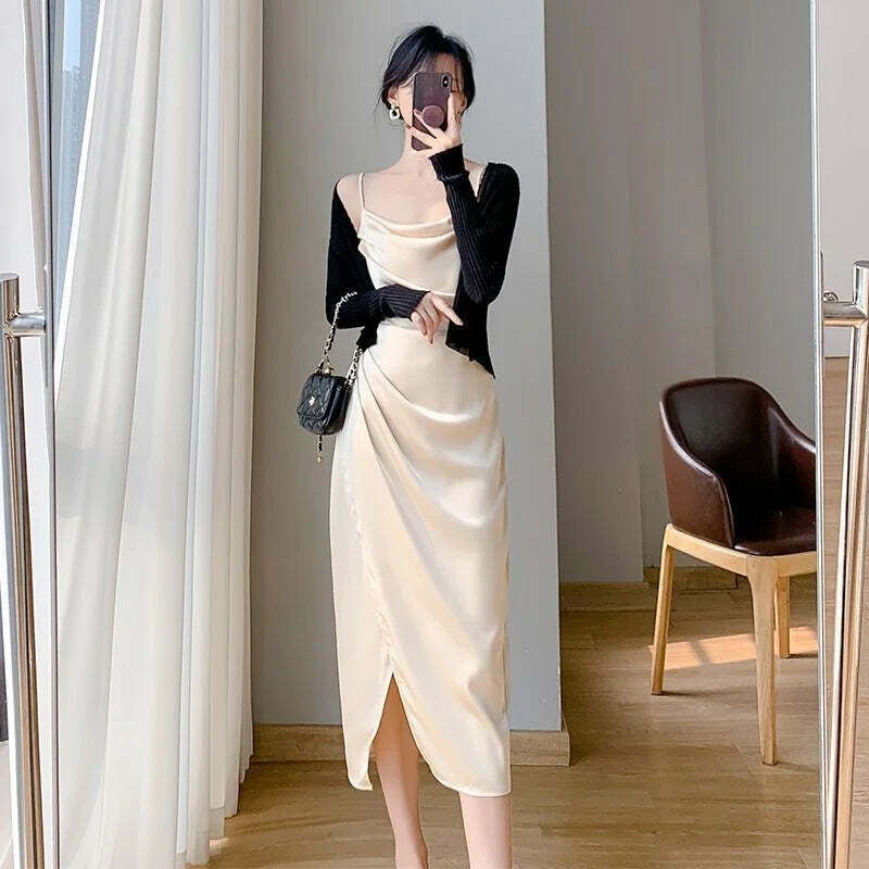 Y2K Summer Satin Halter Dress & Waist Slit Wrap Skirt Two-Piece Set - 90S Grunge Fashion
