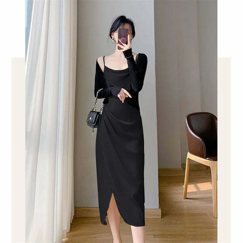Y2K Summer Satin Halter Dress & Waist Slit Wrap Skirt Two-Piece Set - 90S Grunge Fashion