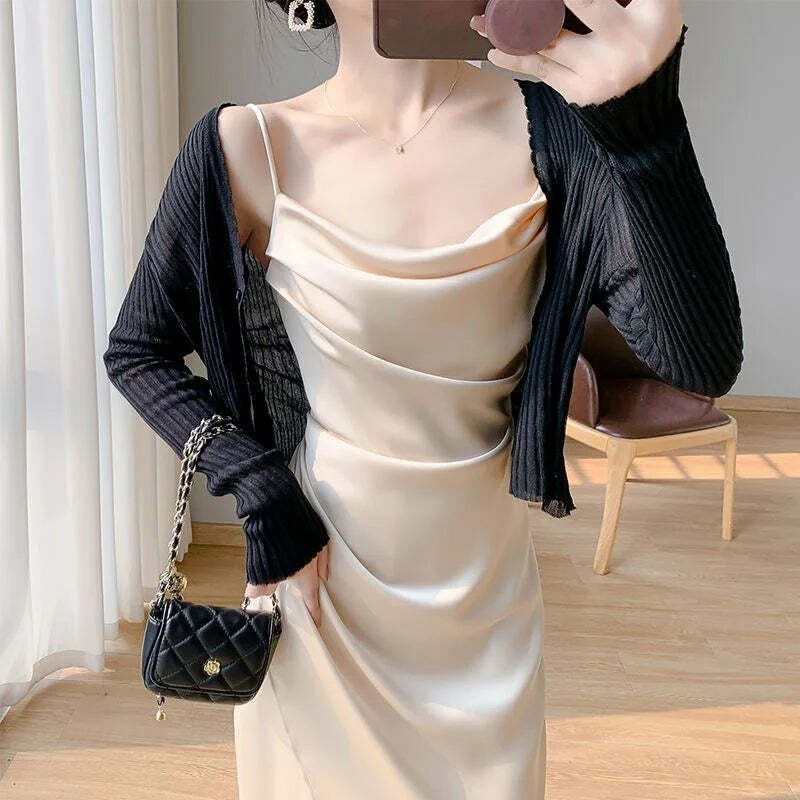 Y2K Summer Satin Halter Dress & Waist Slit Wrap Skirt Two-Piece Set - 90S Grunge Fashion