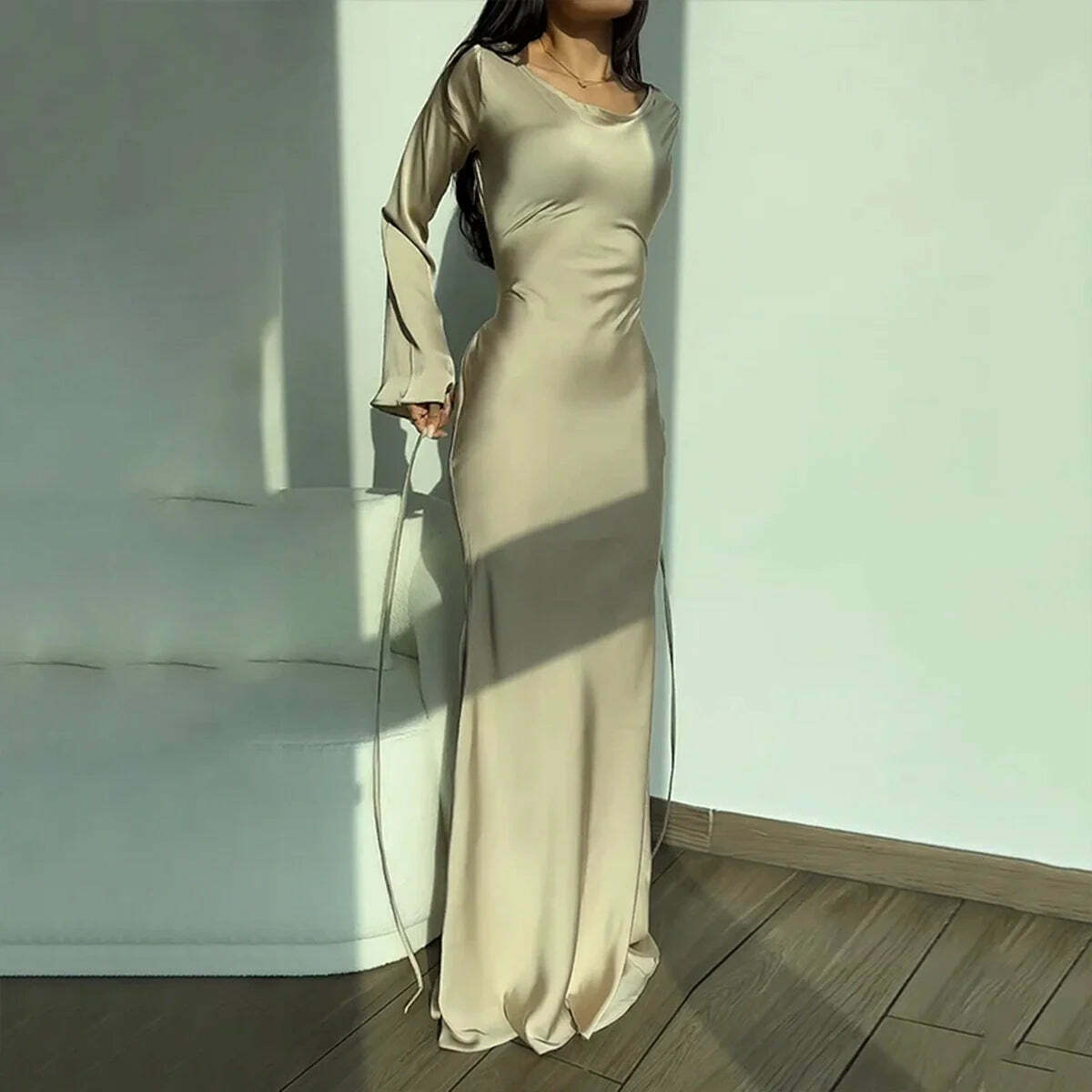 Y2K Summer Satin Maxi Dress - Elegant Long Flare Sleeve, Lace-Up, Retro 90S Party Prom Gown