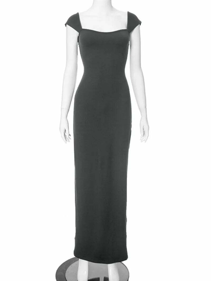 Y2K Summer Square Collar Sleeveless Long Dress - Elegant Office Lady Backless Split Slim Party Dress