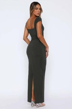 Y2K Summer Square Collar Sleeveless Long Dress - Elegant Office Lady Backless Split Slim Party Dress