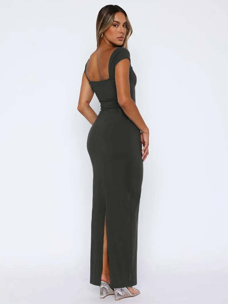 Y2K Summer Square Collar Sleeveless Long Dress - Elegant Office Lady Backless Split Slim Party Dress