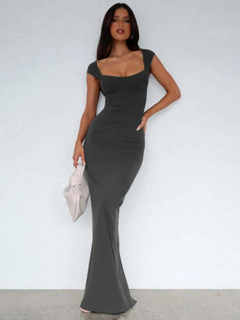 Y2K Summer Square Collar Sleeveless Long Dress - Elegant Office Lady Backless Split Slim Party Dress