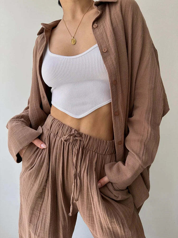 Y2K Summer Tracksuit: Button-Up Shirt & Wide Leg Trousers, Casual Grunge 90S Outfit Set