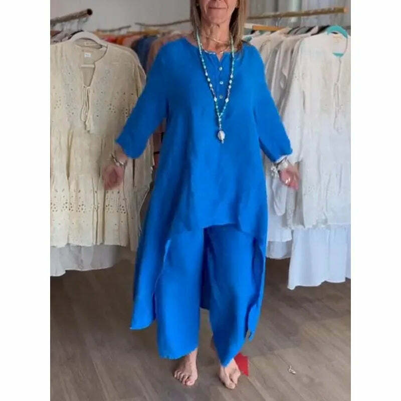 Y2K Summer Two Piece Set: Cotton Linen Wide Leg Pants & Half Sleeve Top - Vintage 90S Grunge Outfit