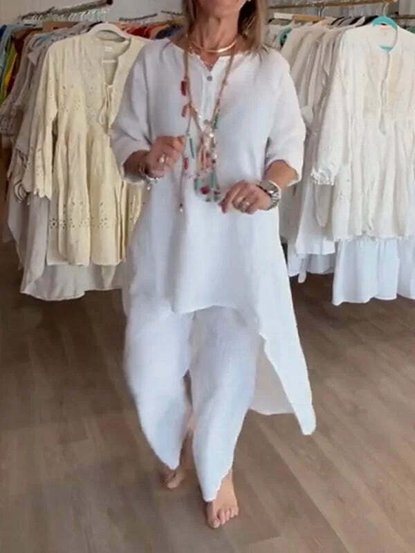 Y2K Summer Two Piece Set: Cotton Linen Wide Leg Pants & Half Sleeve Top - Vintage 90S Grunge Outfit