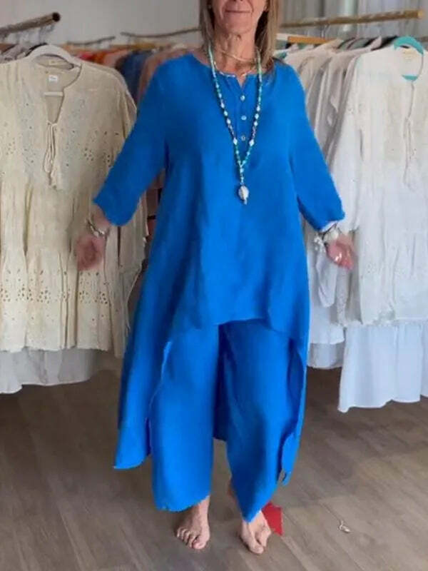 Y2K Summer Two Piece Set: Cotton Linen Wide Leg Pants & Half Sleeve Top - Vintage 90S Grunge Outfit