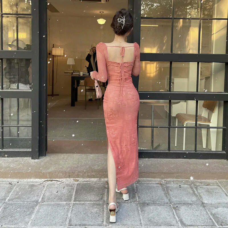 Y2K Summer Vintage Pink Lace Mesh Long Sleeve Dress - Retro 90S Grunge Festival Outfit