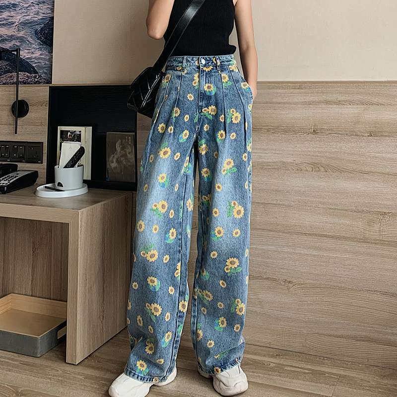 Y2K Sunflower Print Jeans - 90S Grunge, Retro Summer Outfits, Y2K Fashion For Women