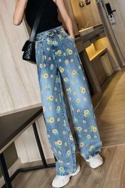 Y2K Sunflower Print Jeans - 90S Grunge, Retro Summer Outfits, Y2K Fashion For Women