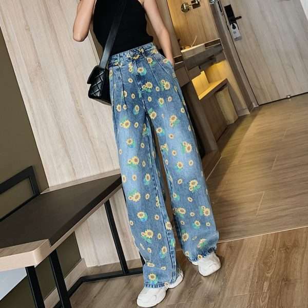 Y2K Sunflower Print Jeans - 90S Grunge, Retro Summer Outfits, Y2K Fashion For Women