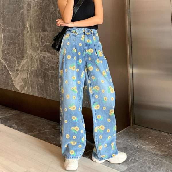 Y2K Sunflower Print Jeans - 90S Grunge, Retro Summer Outfits, Y2K Fashion For Women