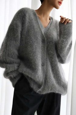 Y2K V-Neck Angora Wool Knit Cardigan - Chic 90S Grunge, Retro Summer, Pastel Goth Sweater