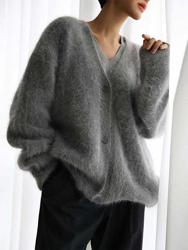 Y2K V-Neck Angora Wool Knit Cardigan - Chic 90S Grunge, Retro Summer, Pastel Goth Sweater