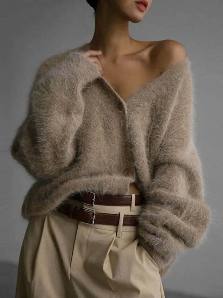Y2K V-Neck Angora Wool Knit Cardigan - Chic 90S Grunge, Retro Summer, Pastel Goth Sweater