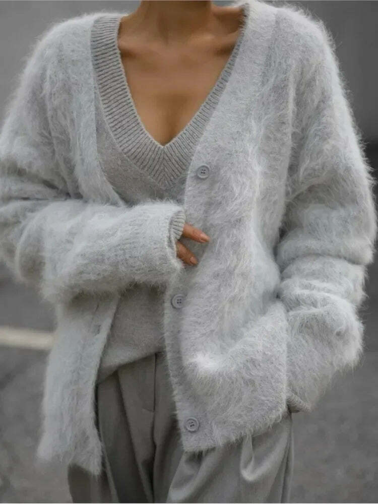 Y2K V-Neck Angora Wool Knit Cardigan - Chic 90S Grunge, Retro Summer, Pastel Goth Sweater