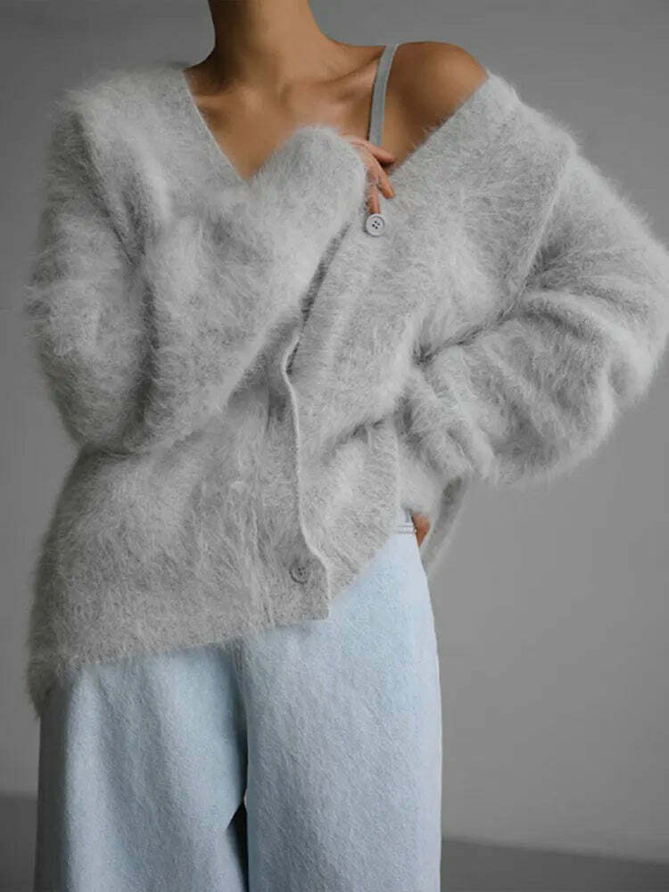 Y2K V-Neck Angora Wool Knit Cardigan - Chic 90S Grunge, Retro Summer, Pastel Goth Sweater