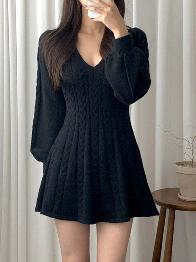 Y2K V-Neck Lantern Sleeve Mini Dress - 90S Grunge, Retro, Pastel Goth, Summer Y2K Outfits