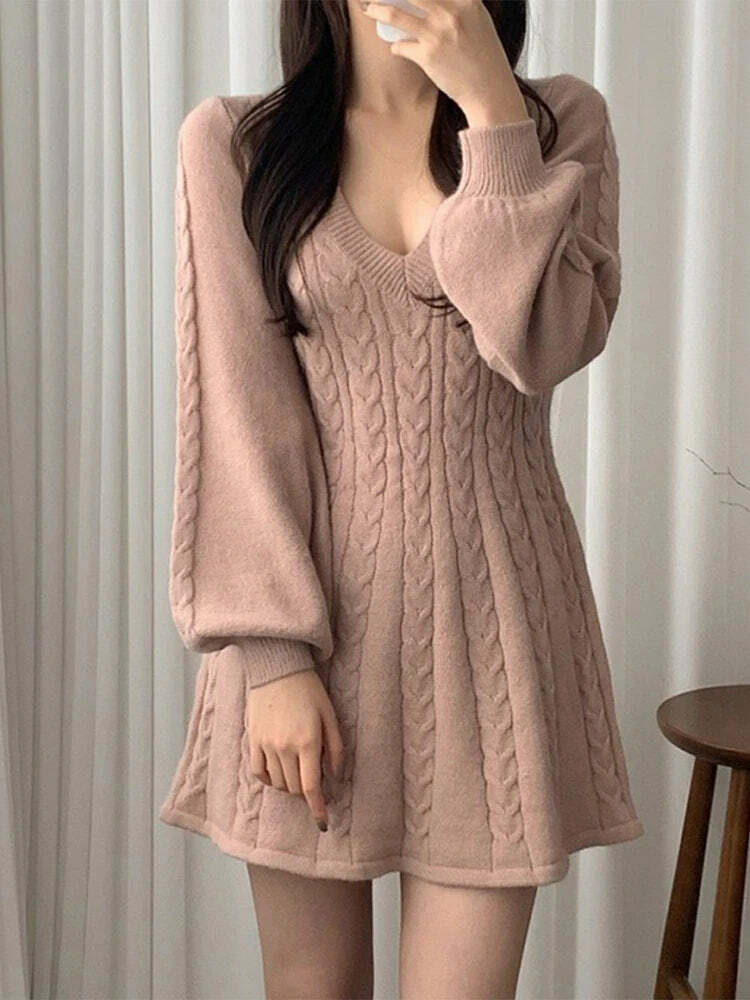 Y2K V-Neck Lantern Sleeve Mini Dress - 90S Grunge, Retro, Pastel Goth, Summer Y2K Outfits
