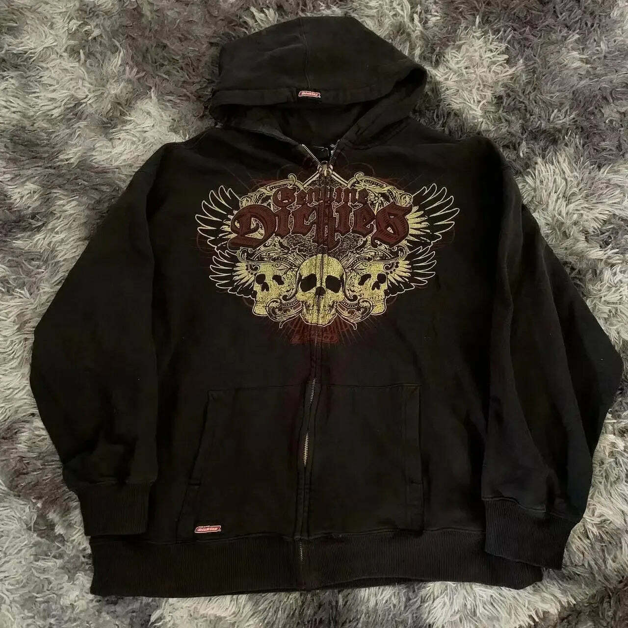 Y2K Vintage Gothic Skull Print Zip Up Hoodie - Winter Hip Hop Long Sleeve Coat For Women