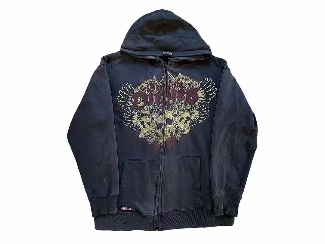 Y2K Vintage Gothic Skull Print Zip Up Hoodie - Winter Hip Hop Long Sleeve Coat For Women