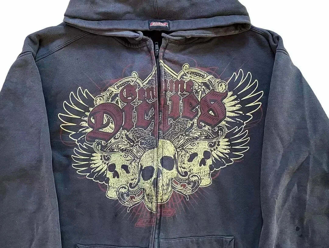 Y2K Vintage Gothic Skull Print Zip Up Hoodie - Winter Hip Hop Long Sleeve Coat For Women
