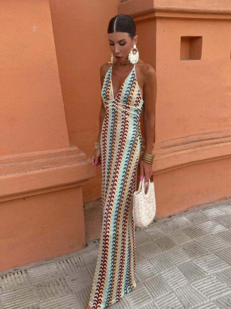 Y2K Vintage Knit Striped Maxi Dress - Sexy V-Neck Backless Sleeveless Lace Up Summer Beach Robe