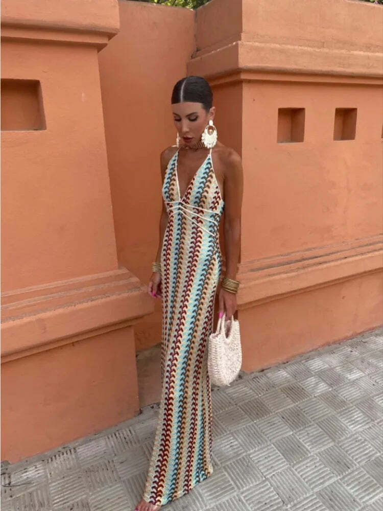 Y2K Vintage Knit Striped Maxi Dress - Sexy V-Neck Backless Sleeveless Lace Up Summer Beach Robe