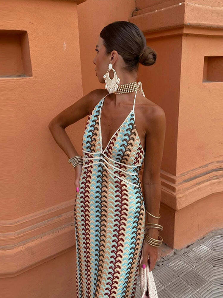 Y2K Vintage Knit Striped Maxi Dress - Sexy V-Neck Backless Sleeveless Lace Up Summer Beach Robe