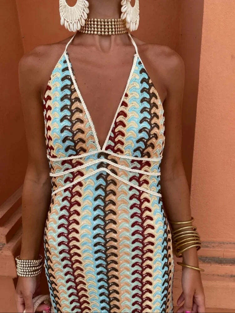 Y2K Vintage Knit Striped Maxi Dress - Sexy V-Neck Backless Sleeveless Lace Up Summer Beach Robe