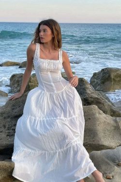 Y2K White Bowknot Tank Dress - Elegant Sleeveless Maxi Sundress, Retro 90S Summer Beach Chic
