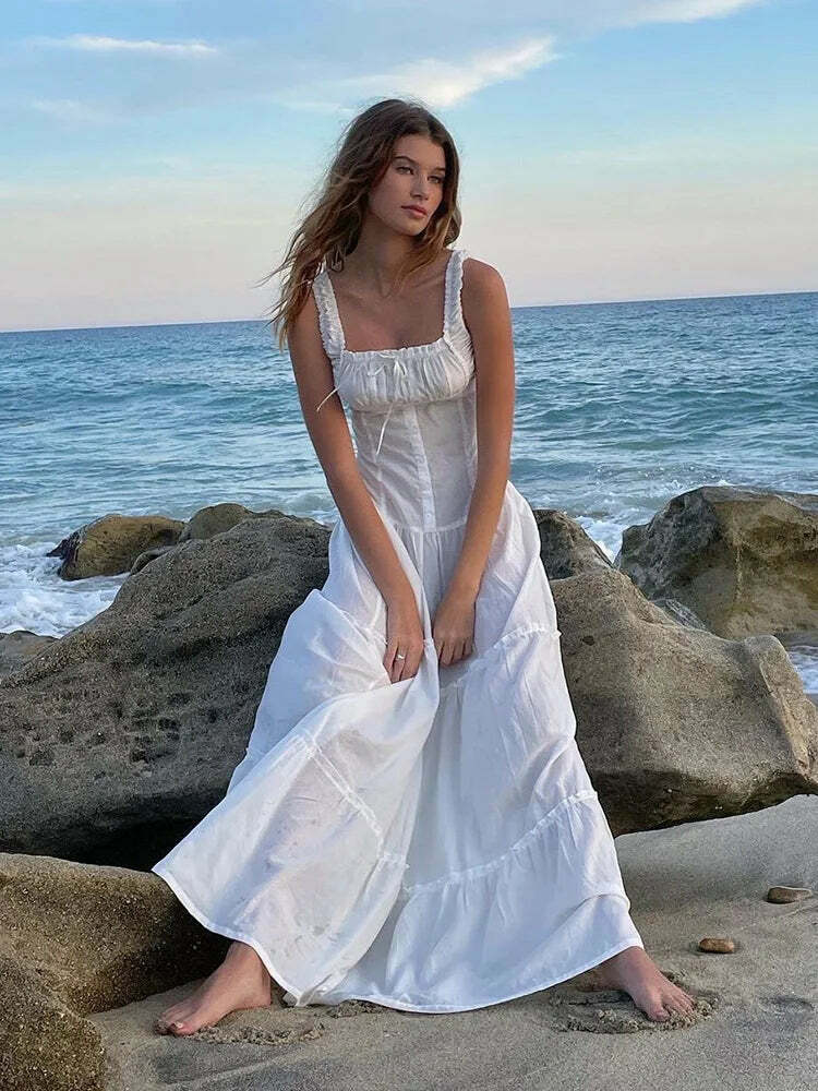 Y2K White Bowknot Tank Dress - Elegant Sleeveless Maxi Sundress, Retro 90S Summer Beach Chic