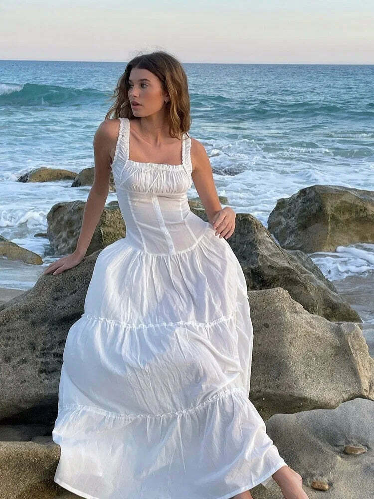 Y2K White Bowknot Tank Dress - Elegant Sleeveless Maxi Sundress, Retro 90S Summer Beach Chic
