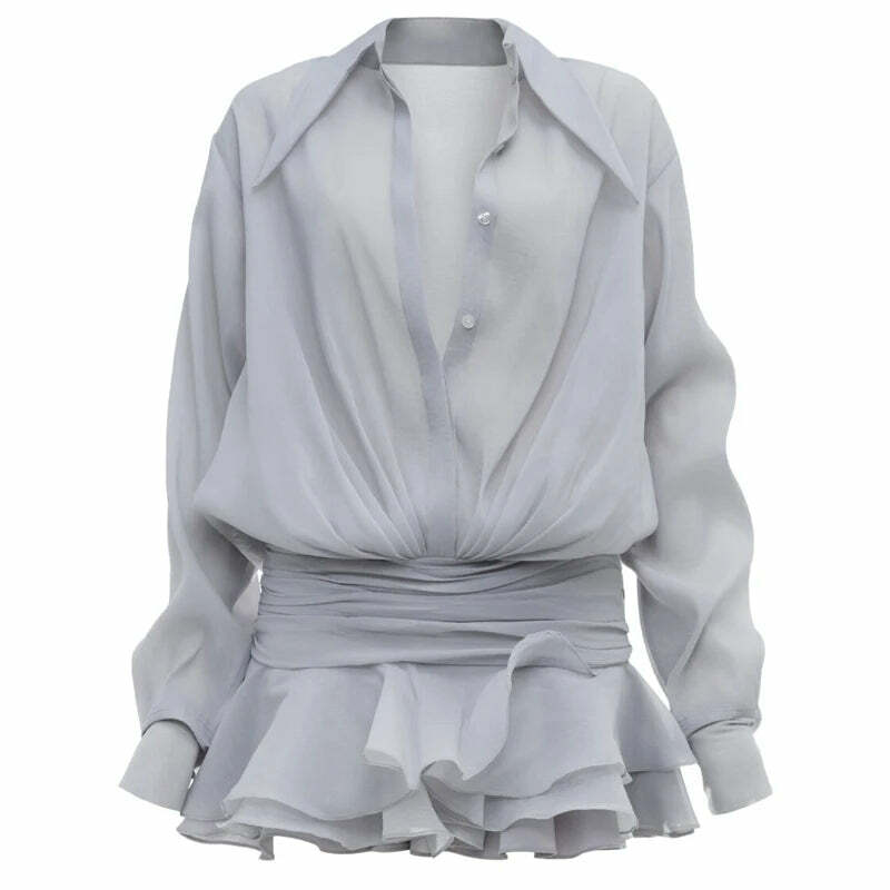 Y2K White Chiffon Mini Dress - Casual Ruffled Pleated See-Through Oversized Shirt Dress