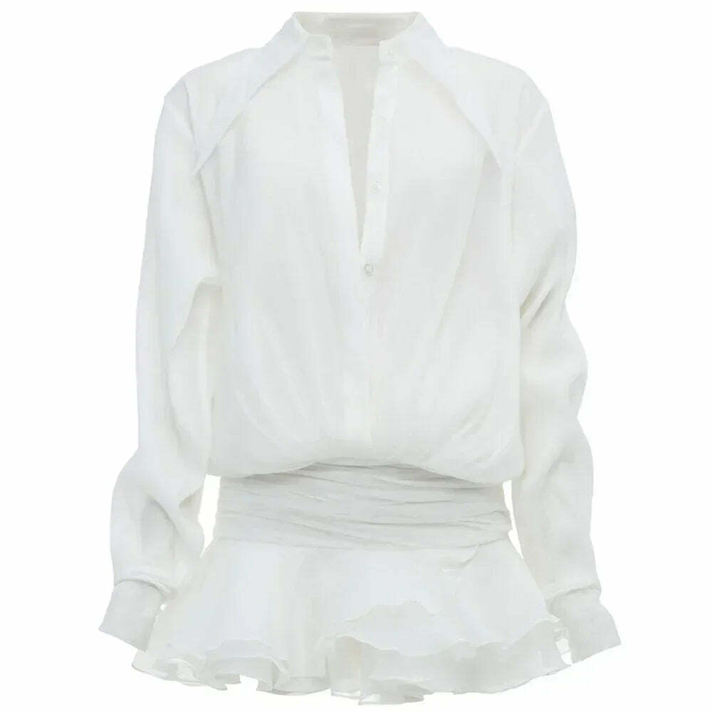 Y2K White Chiffon Mini Dress - Casual Ruffled Pleated See-Through Oversized Shirt Dress