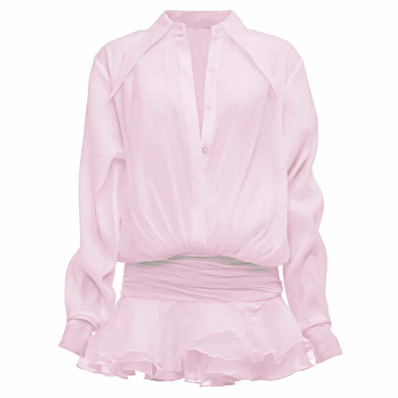 Y2K White Chiffon Mini Dress - Casual Ruffled Pleated See-Through Oversized Shirt Dress