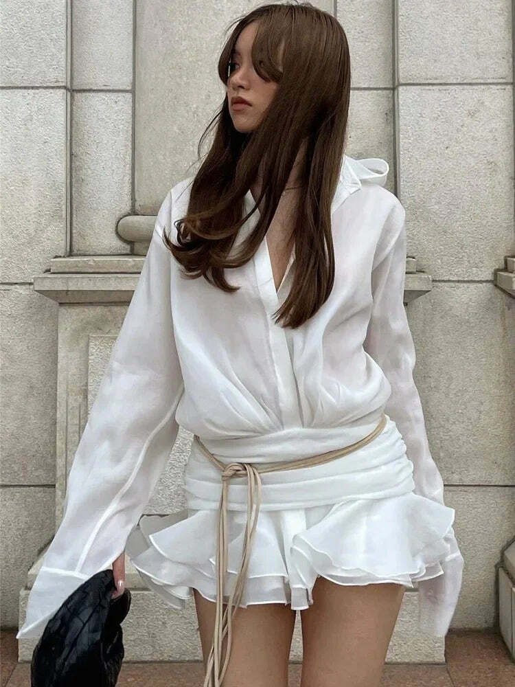 Y2K White Chiffon Mini Dress - Casual Ruffled Pleated See-Through Oversized Shirt Dress