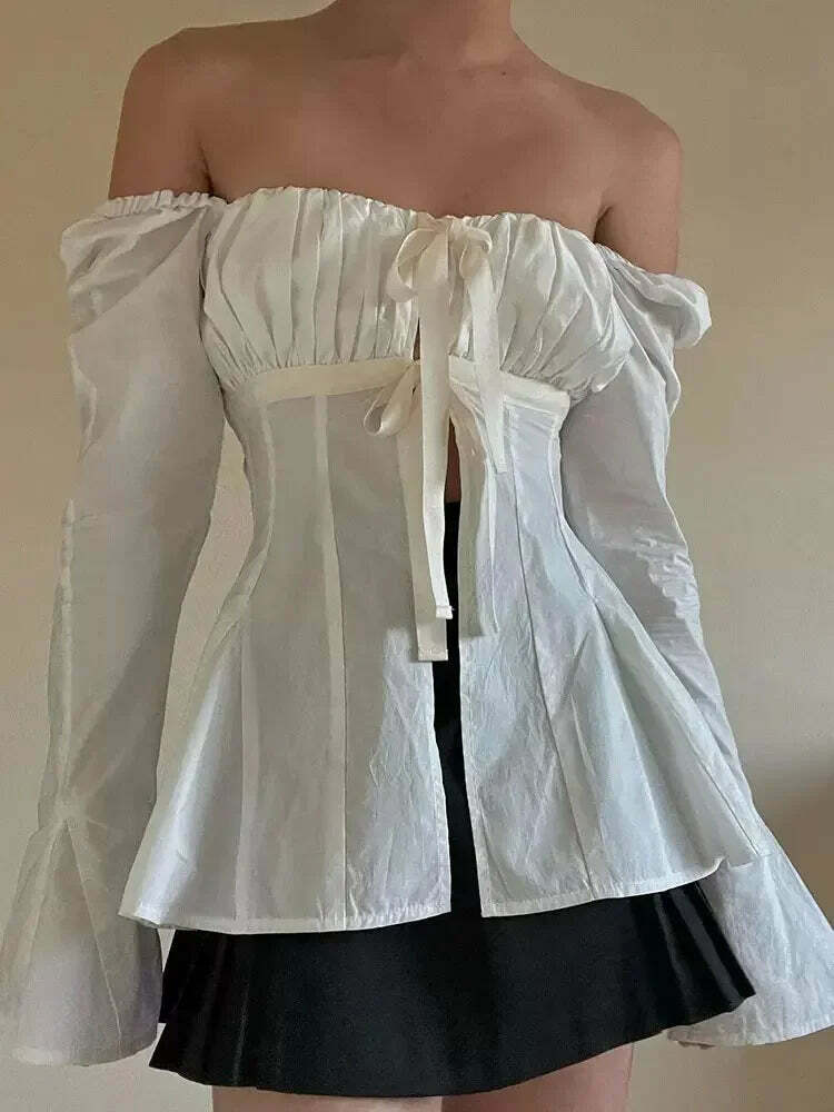 Y2K White Slim Fit Pleated Lace-Up Corset Top - Square Neck, Flare Sleeves, Grunge Party Chic