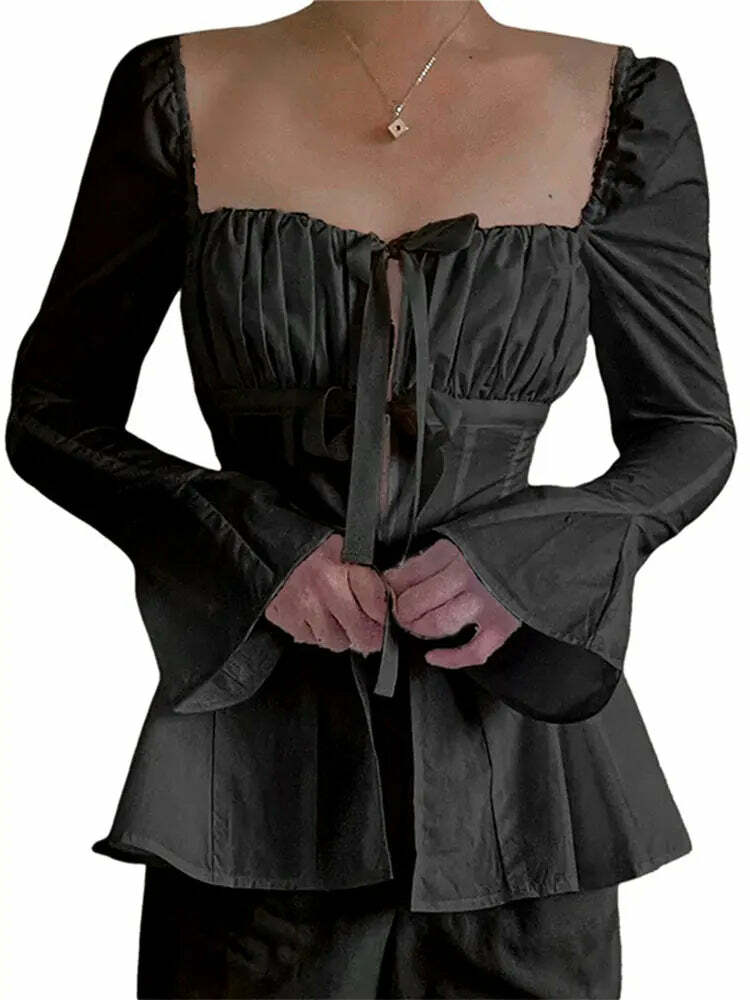 Y2K White Slim Fit Pleated Lace-Up Corset Top - Square Neck, Flare Sleeves, Grunge Party Chic