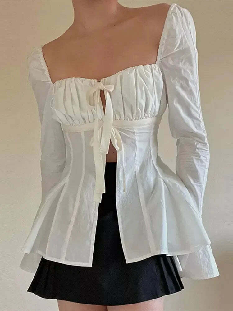 Y2K White Slim Fit Pleated Lace-Up Corset Top - Square Neck, Flare Sleeves, Grunge Party Chic